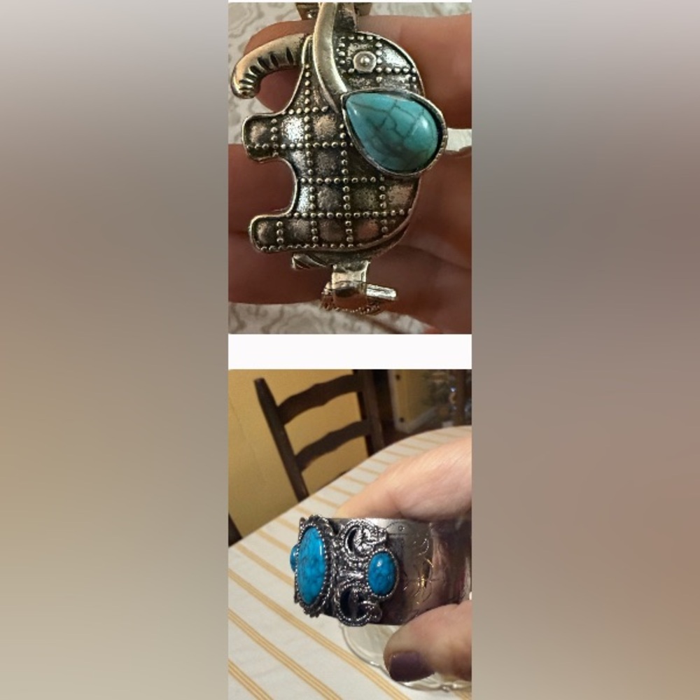 Silver Elephant Bracelet + 3 stone cuff bracelet with Turquoise Accents 💍